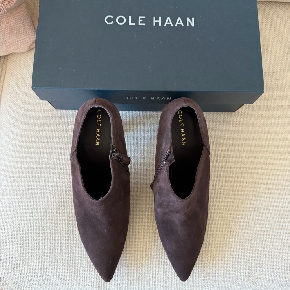 NWB  -Cole Haan Vestry Pointed Toe Booties – Dark Chocolate Suede, Size 9 - Picture 12 of 13